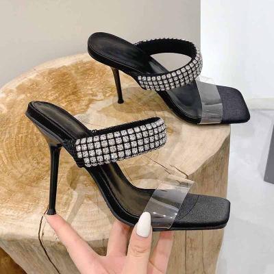 China CUSHIONING Rhinestone Mule Slip On Bright Crystal 2022 Toe High Heels Shoes Transparent Open Sexy PVC Color 35-42 Women Sandals Slippers for sale