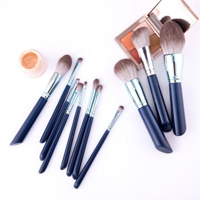 China Angular Blush High Quality Blue Wooden Handle Personalized Brush Head Plated Aluminum Tube 11pcs Makeup Brush Set Customized for sale