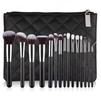 China Angular Blush Beautiful Black Wood Handle 15pcs Fiber Plated Bright Silver Plated Soft Fiber Makeup Brush Set With Custom Logo for sale