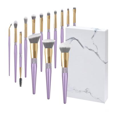 China Angular Blush 10/14 Pcs Luxury Purple Plated Plastic Handle Cosmetic Brush Set With Portable Travel Packaging for sale