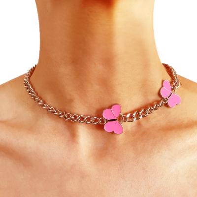 China BOHEMIA Women Link Chain Statement Stainless Steel Cuban Pink Butterfly Choker Necklace for sale