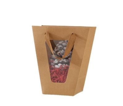 China Bio-degradable T-shaped gift bag, transparent window tote bag, trapezoidal flower packaging paper bag for sale