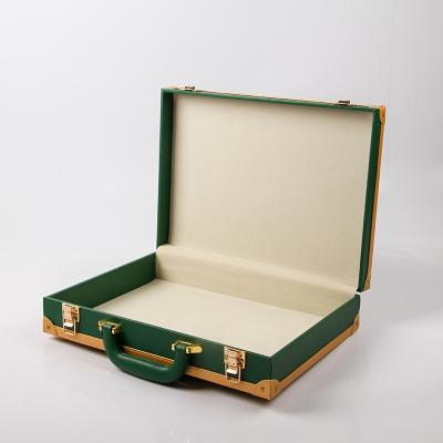 China OEM design handmade high quality wholesale empty leather storage box green color box with metal lock handle for gift for sale