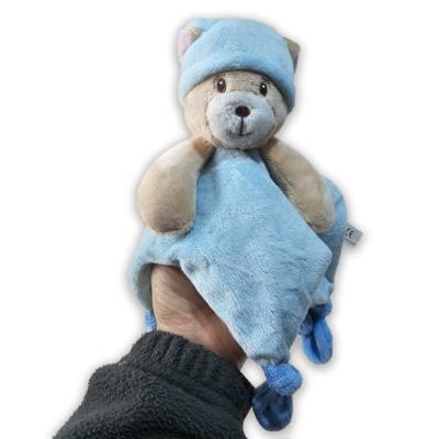 China Custom Plush Toy Pajamas Plush Bear Finger Puppet Comfort Safety Towel Handkerchief Baby Blue Animal Blankets for sale