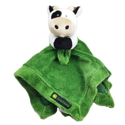 China 3D Plush Custom Green Milk Cow Soft Toys Heads Rattle Satin Safety Blankets Plush Comfort Toys for Baby for sale