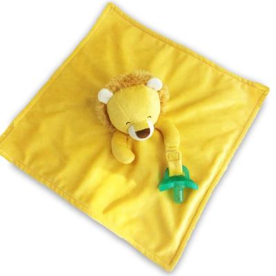 China Comfortably personalized lion TOY BABY QUILTER waterproof yellow animal STUFFED SAFETY BLANKET with pacifier holder for sale