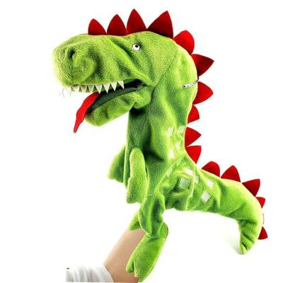 China Custom 35cm Plush Full Body Movable Animals Mascot Green Mouth Dragon Dinosaur Plush Hand Puppet Toy for sale