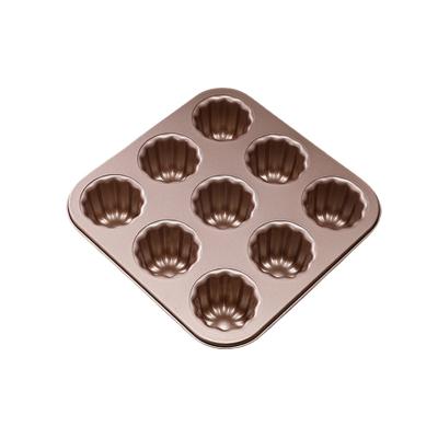 China Bakeware Viable 9 Cup Cavity Champagne Gold Non-Stick Canele Muffin Mold Cupcake Cake Pan for Oven Baking for sale