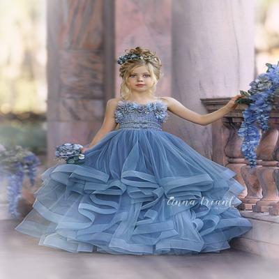 China Dusty Blue Polka Dots Lace Tulle Sleeveless Wedding Flower Girl Dress Kids Dress With Horsehair Edge Princess Ball Gown Dress for sale