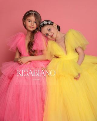 China Coral Yellow Tulle Wedding Flower Girl Dress Kids Birthday Party Dress Sleeveless Princess Ball Gown Dress for sale