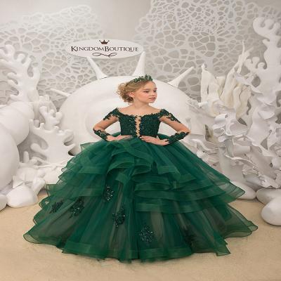 China Long Sleeve Green Long Sleeve Sheath Beaded Lace Tulle Wedding Flower Girl Dress Kids Princess Birthday Dress for sale