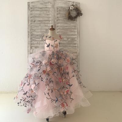 China Embroidery Regular Lace Tulle Wedding Flower Girl Dress Kids Pink Birthday Party Dress With Horsehair Edge for sale