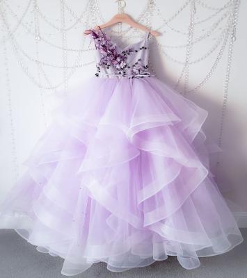 China Sleeveless Lavender Tulle 3D Beaded Sewing Princess Birthday Gown Puffy Lace Wedding Flower Girl Dress Kids Dress for sale