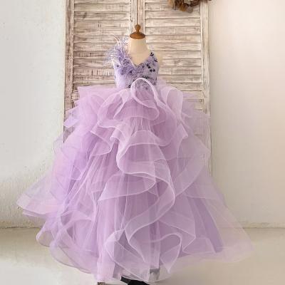 China Sleeveless Purple Tulle 3D Beaded Sewing Princess Birthday Gown Puffy Lace Wedding Flower Girl Dress Kids Dress for sale