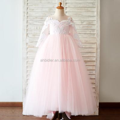 China Long Sleeve Ball Gown Sheath Long Pink Lace Tulle Wedding Bridesmaid Dress With Train Toddler Princess Birthday Party Dress for sale