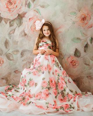 China Hat Sleeve Printed Chiffon Wedding Flower Girl Dress Kids Dress Princess Birthday Dress for sale