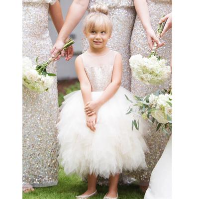 China Rose Gold Sequin Ruffle Tulle Wedding Flower Girl Dress Sleeveless Kids Dress for sale