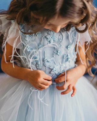 China Hat Sleeve V Back Lace Tulle Tulle Wedding Flower Girl Dress Kids Blue Dress With Feathers for sale