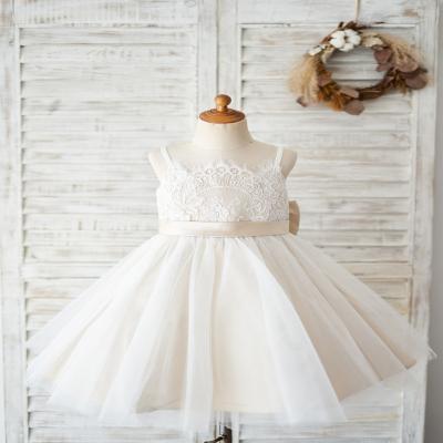 China Sleeveless Spaghetti Straps Champagne Tulle Ivory Lace Wedding Flower Girl Dress Kids Dress With Big Bow for sale