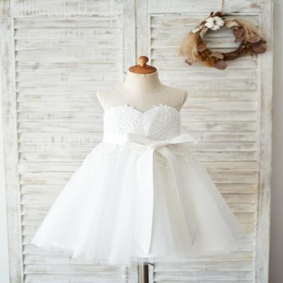 China Sleeveless Backless Backless Lace Tulle Wedding Flower Girl Dress Kids Dress With Sash for sale