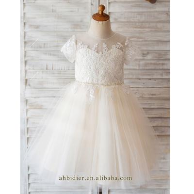 China Short Sleeve Champagne Lace Tulle Wedding Flower Girl Dress Kids Dress for sale