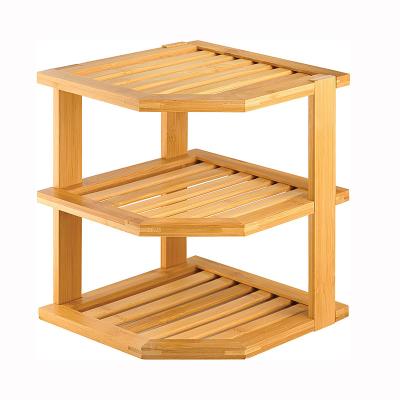 China Sustainable Kitchen Shelf Storage Organizer 3 Tier Kitchen Corner Bamboo Corner Dishes Rack for sale