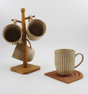 China Durable Stripe Reactive Glazed Coffee Mug Set Of 4 Pieces Ceramic Coffee Mug With Wooden Stand for sale