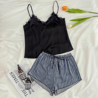 China QUICK DRY custom logo pajamas satin lace camisole summer new arrival stripe shorts sleepwear two piece set suit women loungewear for sale