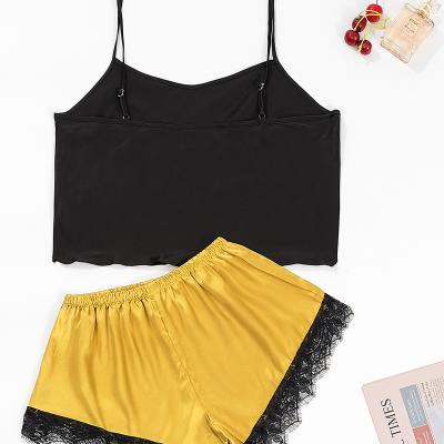 China Summer Best Selling Logo V Neck Satin Comfort Loungewear Two Piece Suit Ladies Sleepwear Vest Slim Top Shorts QUICK DRY Custom Camisoles for sale