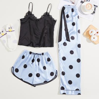 China Custom logo QUICK DRY in silk black slim summer sleepwear polka dot camisoles loungewear loose pants suit three piece set for sale