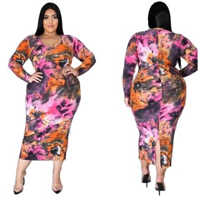 China Hot Sale Plus Size Plus Size Women's Autumn Fashion Digital Printing Slim Sexy Dress for sale