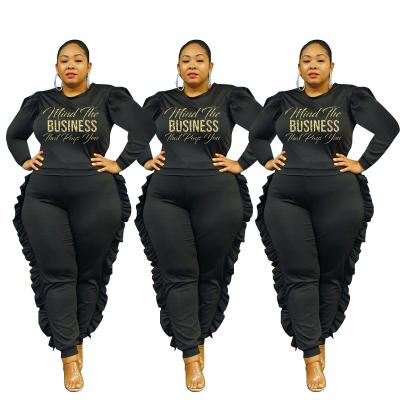 China Factory direct sale QUICK DRY high quality pattern gold letter printing plus size black casual women's two-piece suit for sale