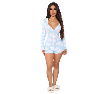 China Hot selling cute girly v-neck style loungewear manufacturers breathable printed jumpsuit for sale