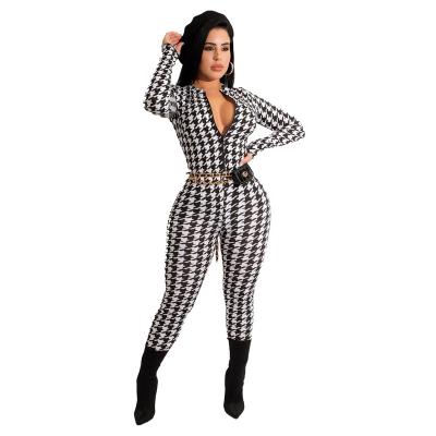 China Breathable Round Neck Zipper Houndstooth Printing Autumn Winter Overalls Women One Piece Overalls for sale