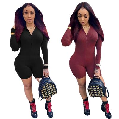 China Hot-selling Autumn Solid Color Zipper Slim European and American new design polyester fiber (polyester) women's sexy jumpsuit for sale