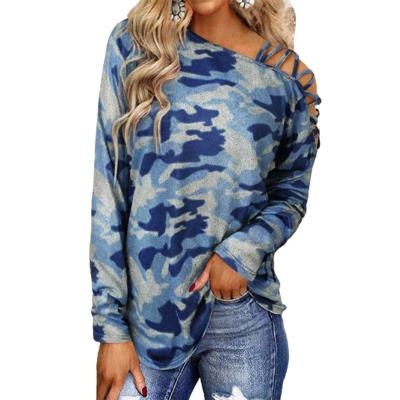 China Autumn And Winter Fashion Street Style Viable Camouflage Printed Shoulder Straps Cross Neck T-shirt Women Long Sleeve for sale