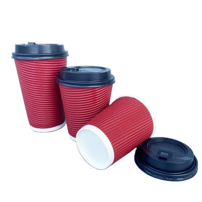 China Recyclable Ripple Corrugated Paper Cup With Black Lid For Hot Drinks Coffee Beverage Pack for sale