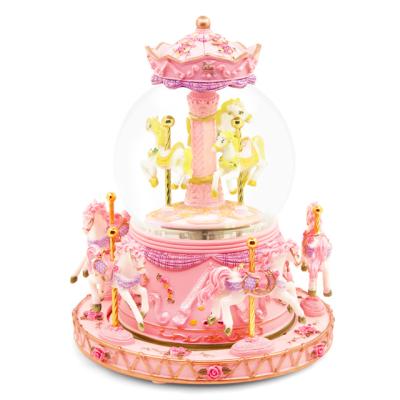 China Resin+Glass+Plastic Music Box With Colorful Light, Carousel Snow Globe Wind-up Horse Music Boxes (With LED) for sale