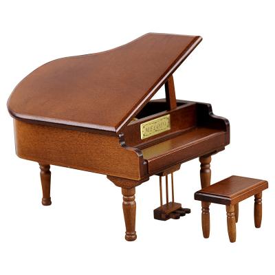 China Small Wooden Decor Gifts Office Home Antique Wooden Piano Ornaments Wind Up Music Box for sale