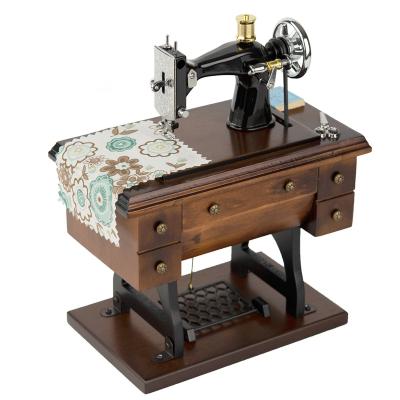 China Factory Wholesale Vintage Natural Wooden Mini Sewing Machine Music Box For Gifts Sankyo Musical Wind Up Wedding Gifts for sale