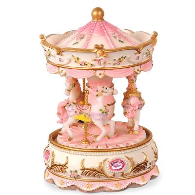 China Crystal Ball Merge with 3-Horse Music Box Best Carousel Birthday Gift for Kids Friends, Home Decorative Colorful Resin Craft Lights Carousel Music Box for sale