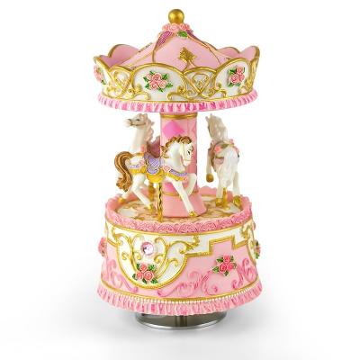 China Resin European 3 Horses Style Retro Illuminated Carousel Music Box With Colorful Diamond Decoration As Gifts For Kids Or Girls Or Teac for sale