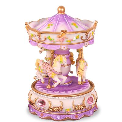 China Crystal Ball Merge with 3-Horse Music Box Best Carousel Birthday Gift for Kids Friends, Modern Design Colorful Resin Lights Carousel Music Box for sale