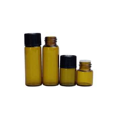 China 1ml 2ml 3ml Amber Essential Oil Sample Cosmetic Glass Vial Bottle With Black Cap for sale