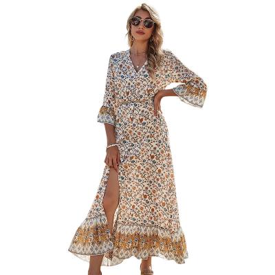 China Dry Cleaning Women's V-Neckline High Waist Split Bohemian Floral Dress For Casual Dresses A-line Women Female Spring New for sale