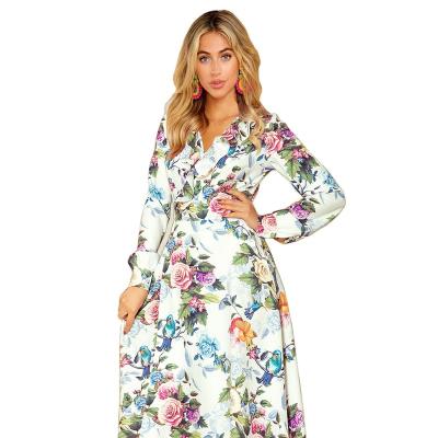 China Large Size Women's Wrap Dress Beach Wear Long Sleeve Printed Dinner Anti-Static Long Plus Size Dresses For Ladies for sale