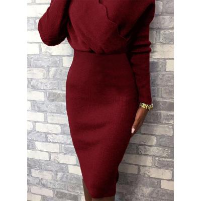 China Dry Cleaning Solid Color Long Sleeve V-Neck High Waist Knitted Elegant Hip Ladies Dresses Mature Clothing for sale