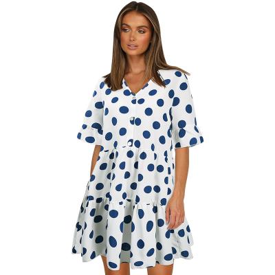 China Dry Cleaning Women's Fashion V-Neck Polka Dot Dress Casual Short Sleeve Ladies for sale