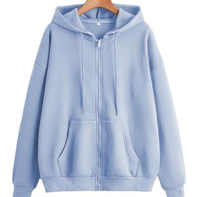 China 2022 New Custom Solid Anti-Wrinkle Drawstring Zipper Up Drop Shoulder Hoodie Ladies Shear Plush Matching Hooded Jacket for sale