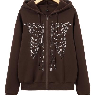 China High Quality Drawstring Thermal Skeleton Zipper Pattern Anti-wrinkle Rhinestone Hooded Running Jacket for sale